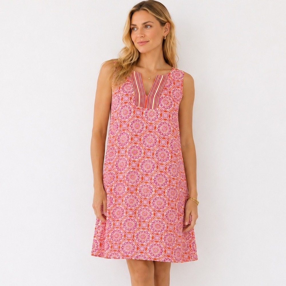 Talbots Geometric Mandala Shift Dress Womens Size M Pink‎ Orange Sleeveless